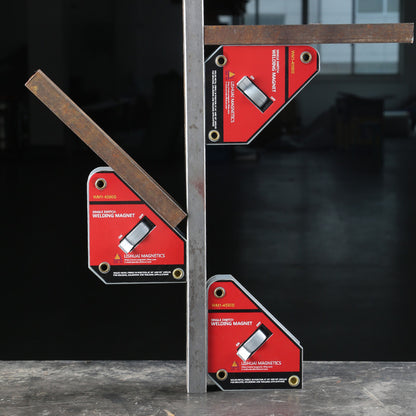 LISHUAI WM1-4590S welding magnet application examples holding steel at 45 and 90 degrees; multiple magnets shown for demonstration