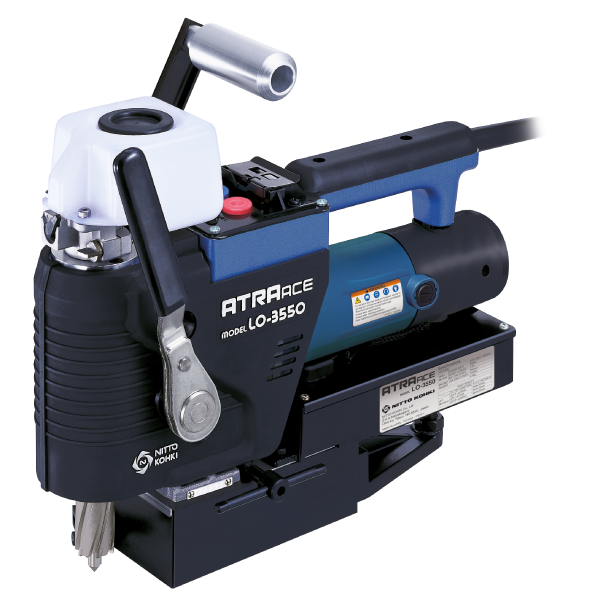 Nitto Atra Ace LO-3550 magnetic base drill, opposite angled view with coolant tank; cutter shown for illustration