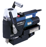 Nitto Atra Ace LO-3550 magnetic base drill, opposite angled view with coolant tank; cutter shown for illustration