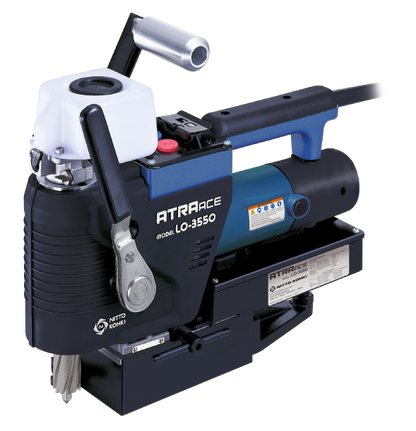 Nitto Atra Ace LO-3550 magnetic base drill, opposite angled view with coolant tank; cutter shown for illustration