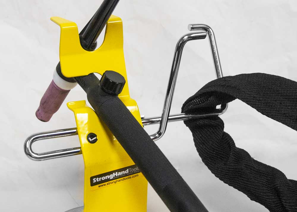 StrongHand MRT100 ReadyRest adjustable cable hanger detail; torch and cable shown for demonstration.