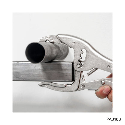 StrongHand PAJ100 pliers holding round pipe against square tube; material shown for demonstration.