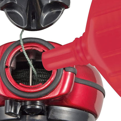 TAJIMA PLC2-R300 red chalk refill nozzle positioned at a chalk-line reel opening; reel shown for application