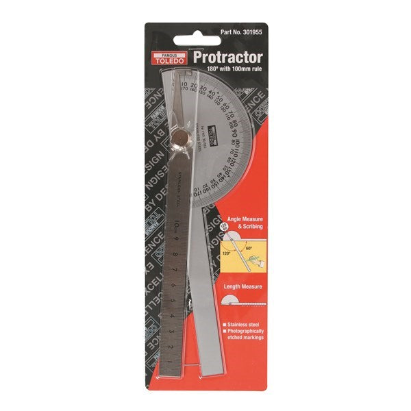 Toledo 301955 180-degree protractor with 100mm rule in original retail blister packaging