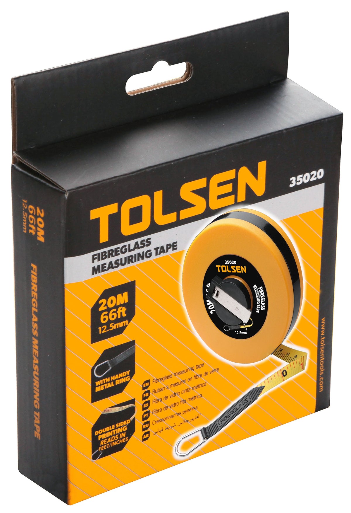 TOLSEN 35020 20m / 66ft x 12.5mm fibreglass measuring tape retail packaging
