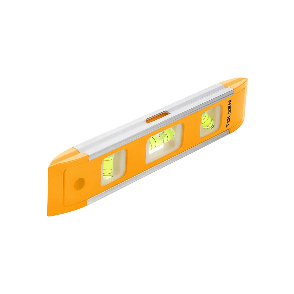 TOLSEN 35059 22.5 cm industrial mini spirit level, unpackaged angled view showing three vials and aluminium edges.