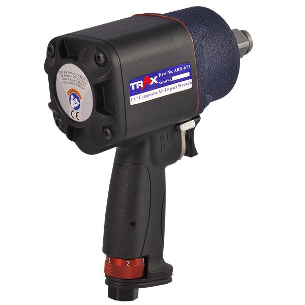 TRAX ARX-673 3/4-inch composite air impact wrench, opposite rear-quarter view showing ARX-673 model label and controls