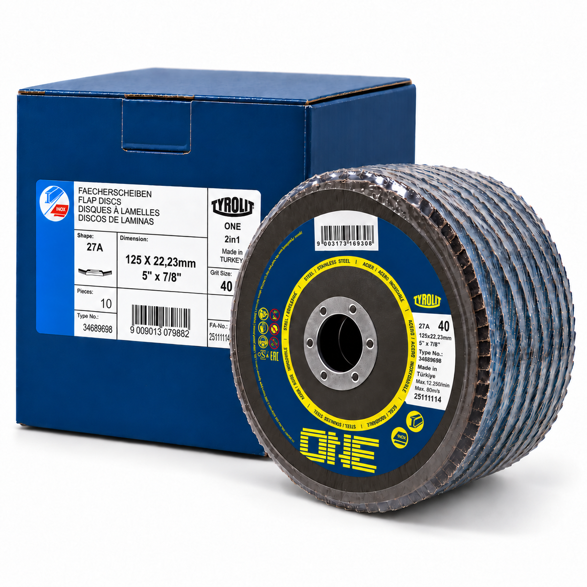 Tyrolit ONE 125 mm Form 27A 40-grit flap discs, pack of 10 with retail box