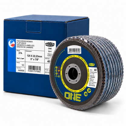 Tyrolit ONE 125 mm Form 27A 40-grit flap discs, pack of 10 with retail box