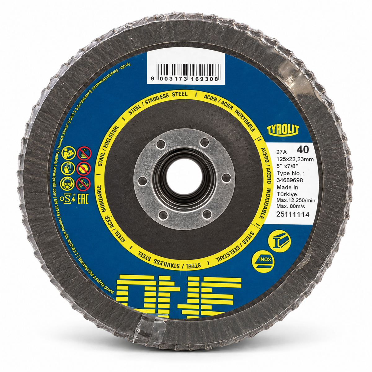 Tyrolit ONE 125 mm Form 27A 40-grit flap discs, wrapped pack of 10, front view