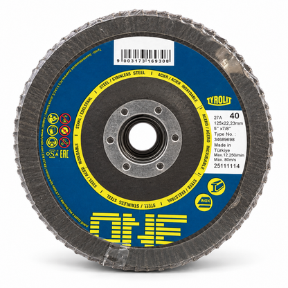 Tyrolit ONE 125 mm Form 27A 40-grit flap discs, wrapped pack of 10, front view