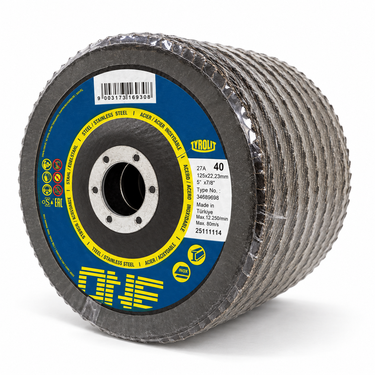 Tyrolit ONE 125 mm Form 27A 40-grit flap discs, wrapped pack of 10, left front angle