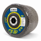 Tyrolit ONE 125 mm Form 27A 40-grit flap discs, wrapped pack of 10, left front angle