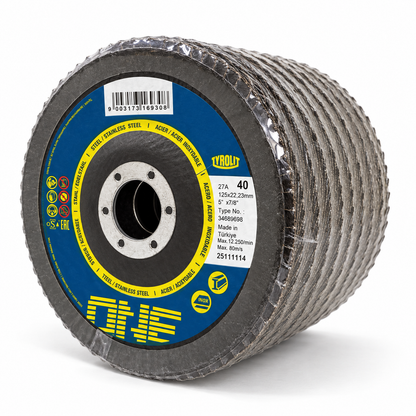 Tyrolit ONE 125 mm Form 27A 40-grit flap discs, wrapped pack of 10, left front angle
