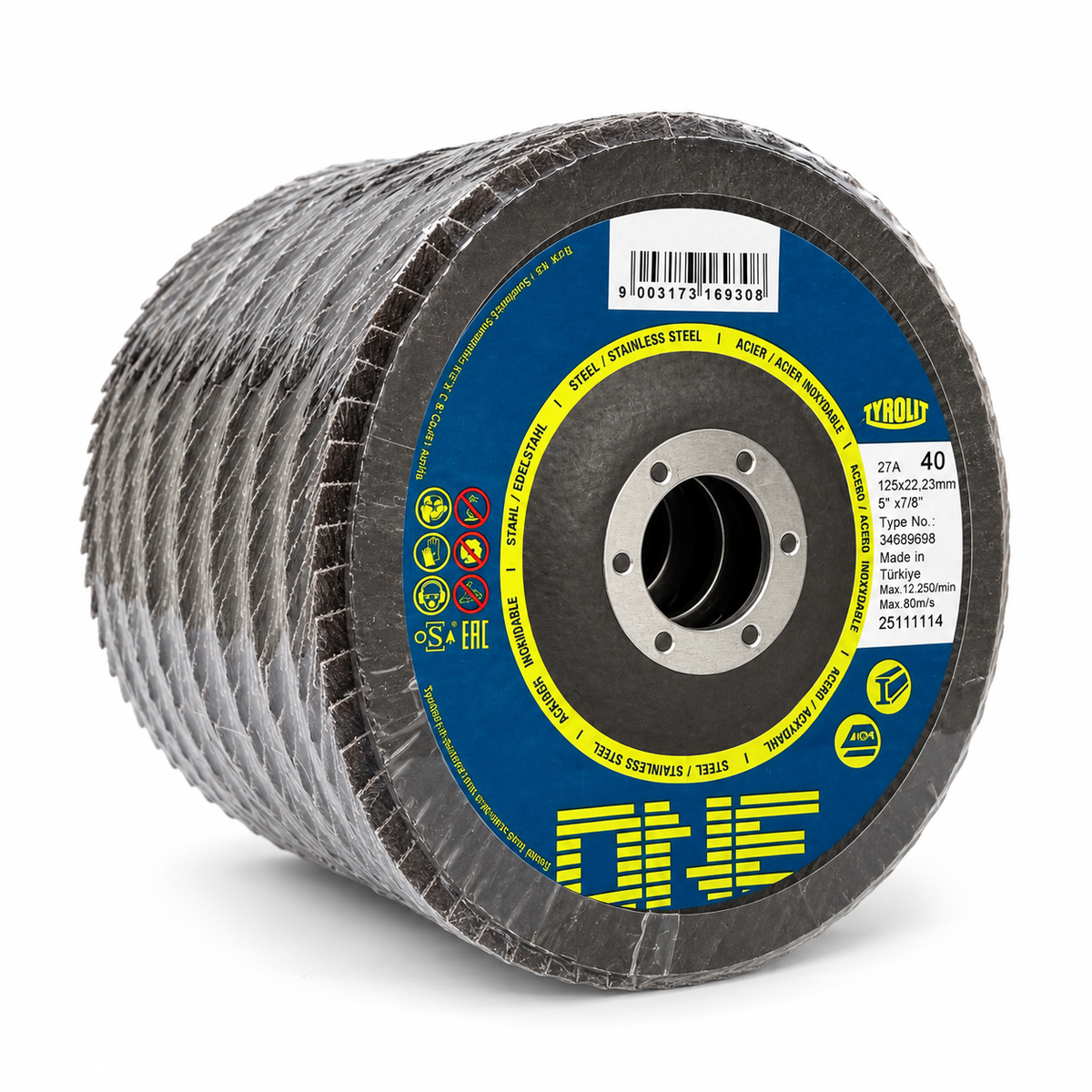 Tyrolit ONE 125 mm Form 27A 40-grit flap discs, wrapped pack of 10, right front angle