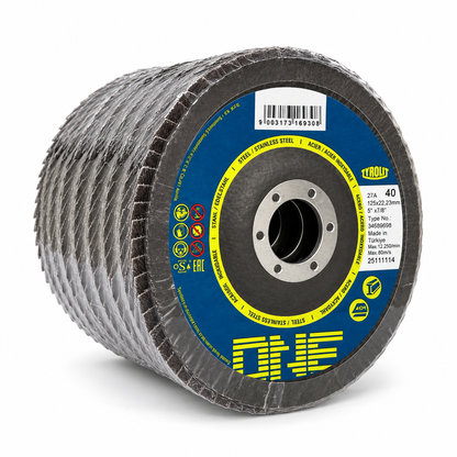 Tyrolit ONE 125 mm Form 27A 40-grit flap discs, wrapped pack of 10, right front angle