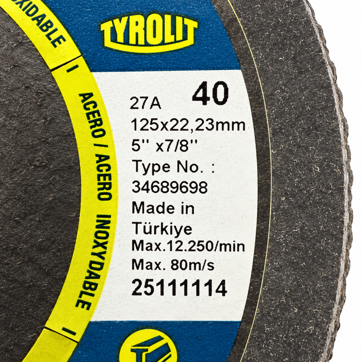 Tyrolit ONE 125 mm Form 27A 40-grit flap discs, 40-grit disc label detail, part 34689698
