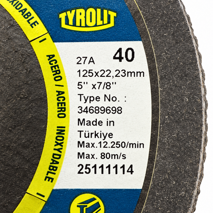 Tyrolit ONE 125 mm Form 27A 40-grit flap discs, 40-grit disc label detail, part 34689698