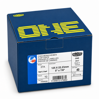 Tyrolit ONE 125 mm Form 27A 40-grit flap discs, pack-of-10 retail box, elevated view