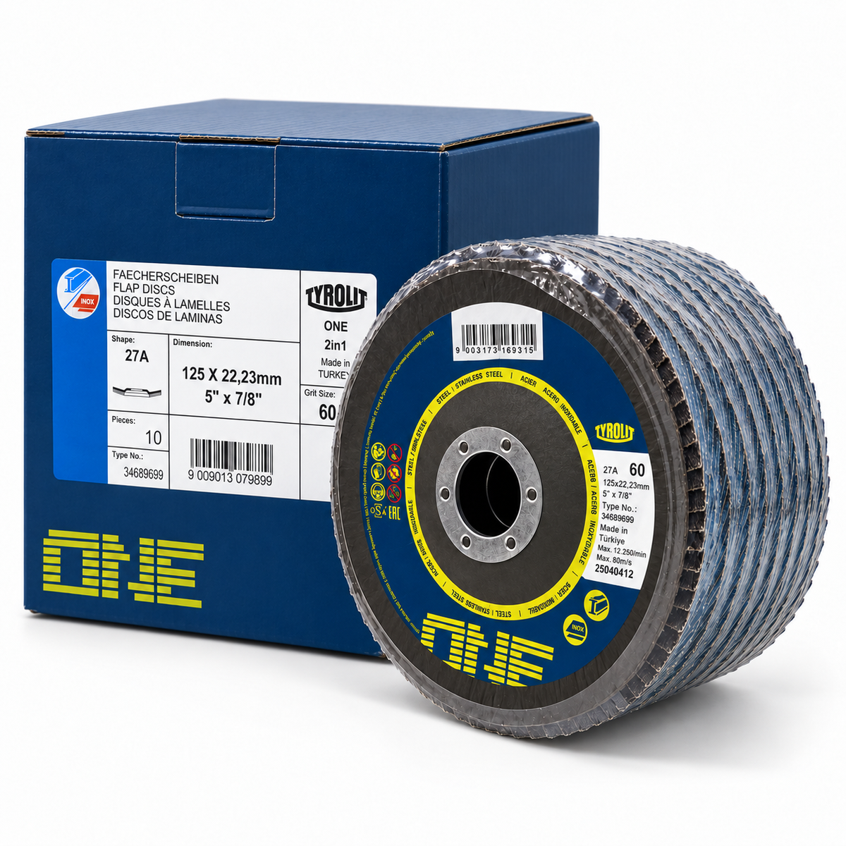 Tyrolit ONE 125 mm Form 27A 60-grit flap discs, pack of 10 with retail box
