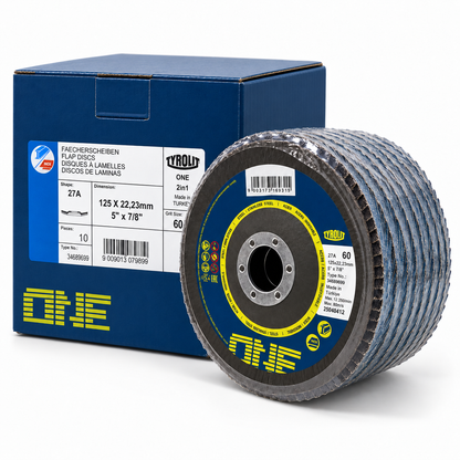 Tyrolit ONE 125 mm Form 27A 60-grit flap discs, pack of 10 with retail box