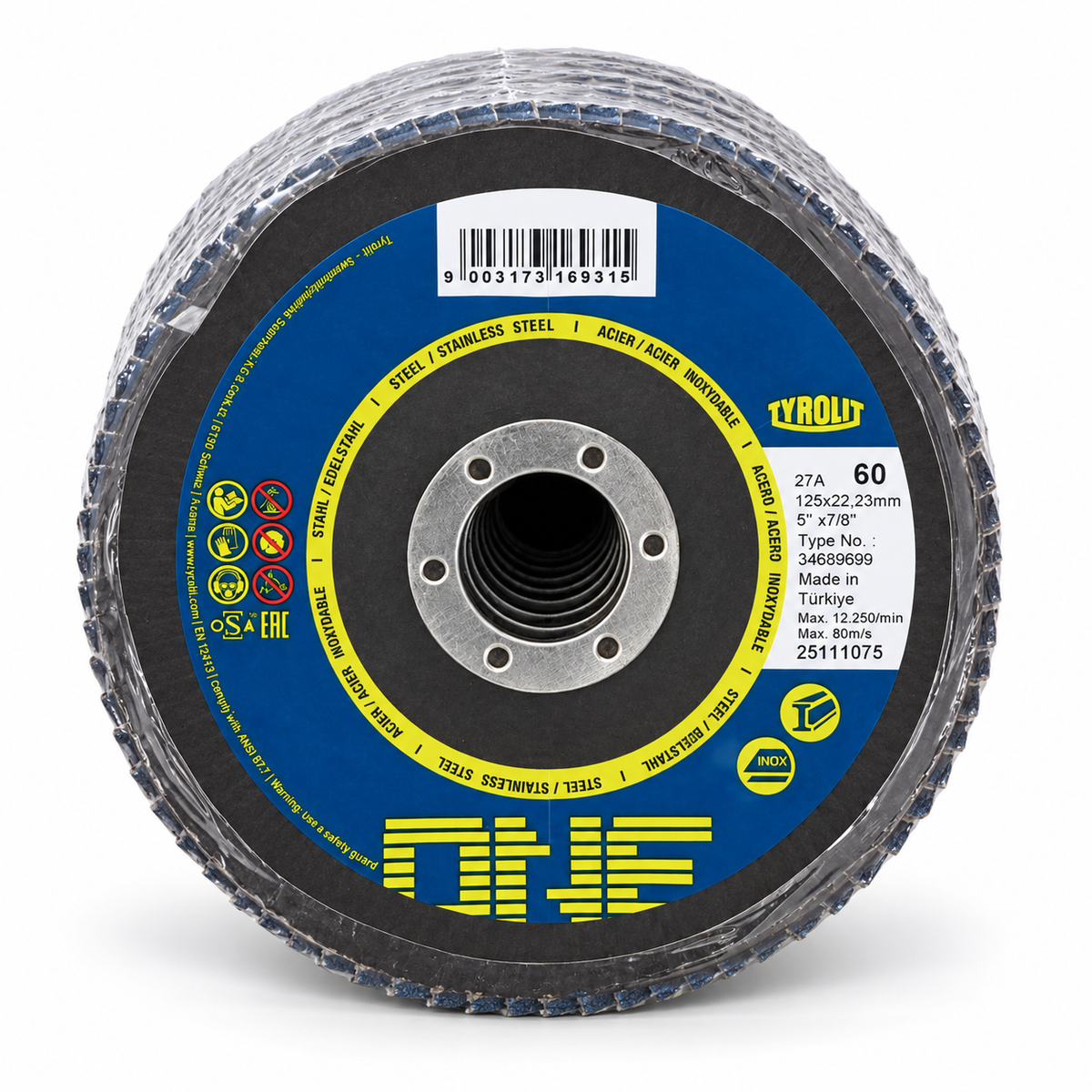 Tyrolit ONE 125 mm 60-grit flap discs, wrapped pack of 10, front view