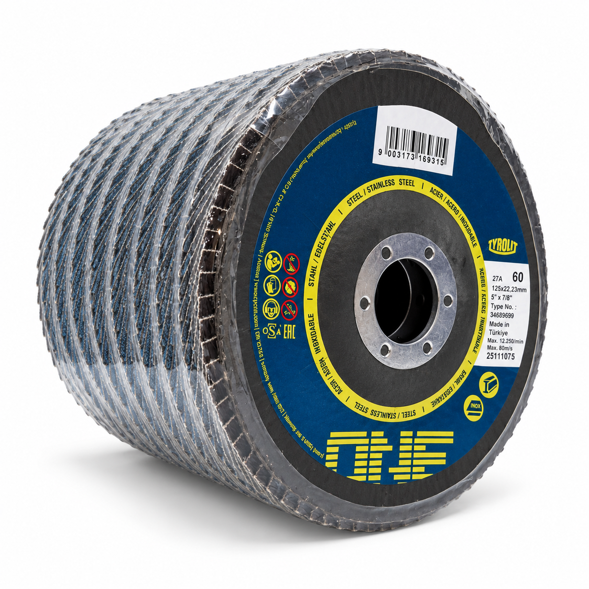 Tyrolit ONE 125 mm 60-grit flap discs, wrapped pack of 10, side angle