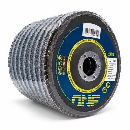 Tyrolit ONE 125 mm 60-grit flap discs, wrapped pack of 10, side angle