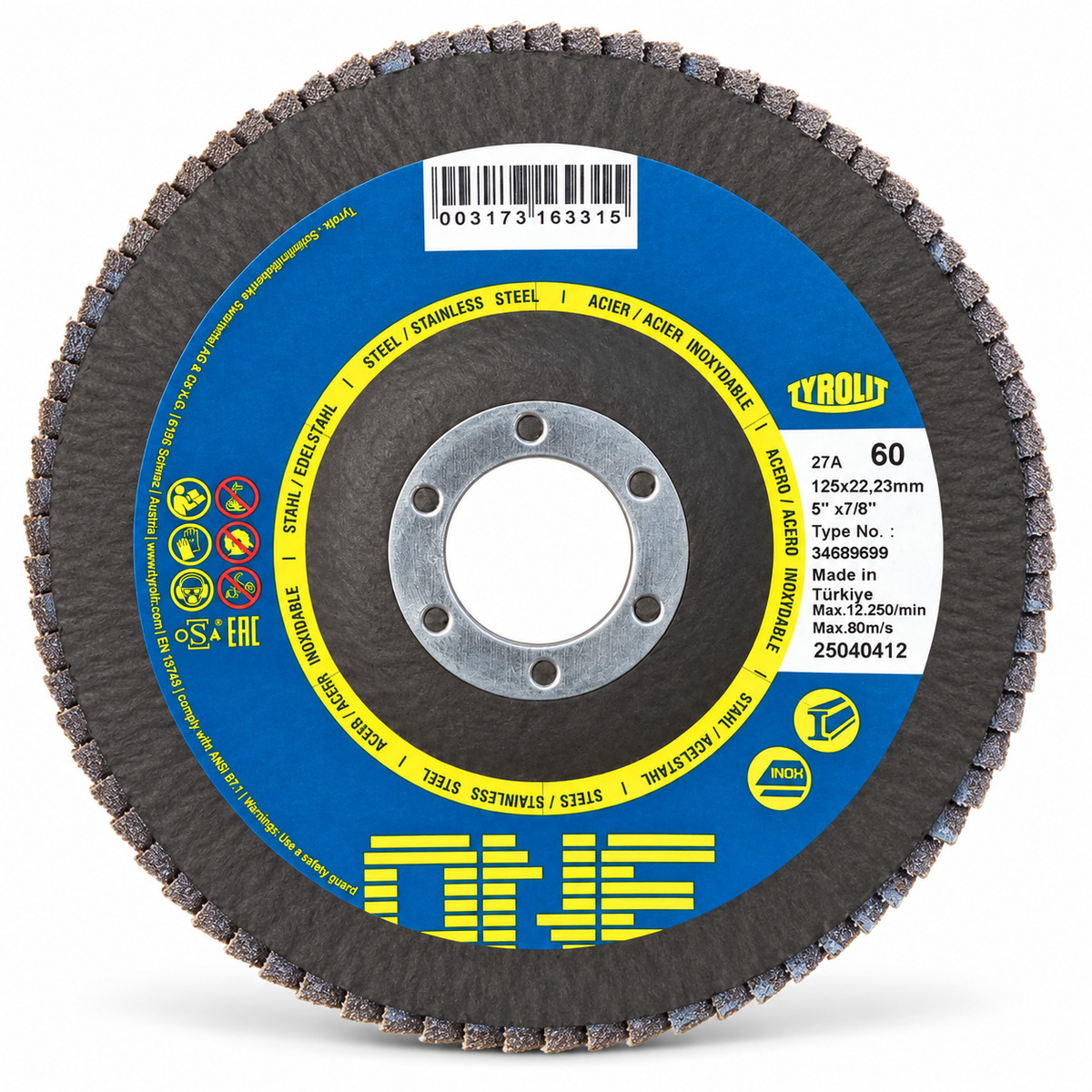 Tyrolit ONE 125 mm Form 27A 60-grit single unwrapped flap disc, label face