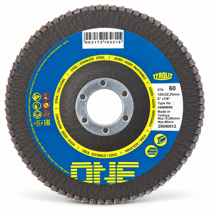Tyrolit ONE 125 mm Form 27A 60-grit single unwrapped flap disc, label face