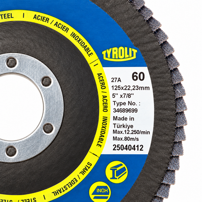 Tyrolit ONE 60-grit flap disc label detail, 125 x 22.23 mm, part 34689699