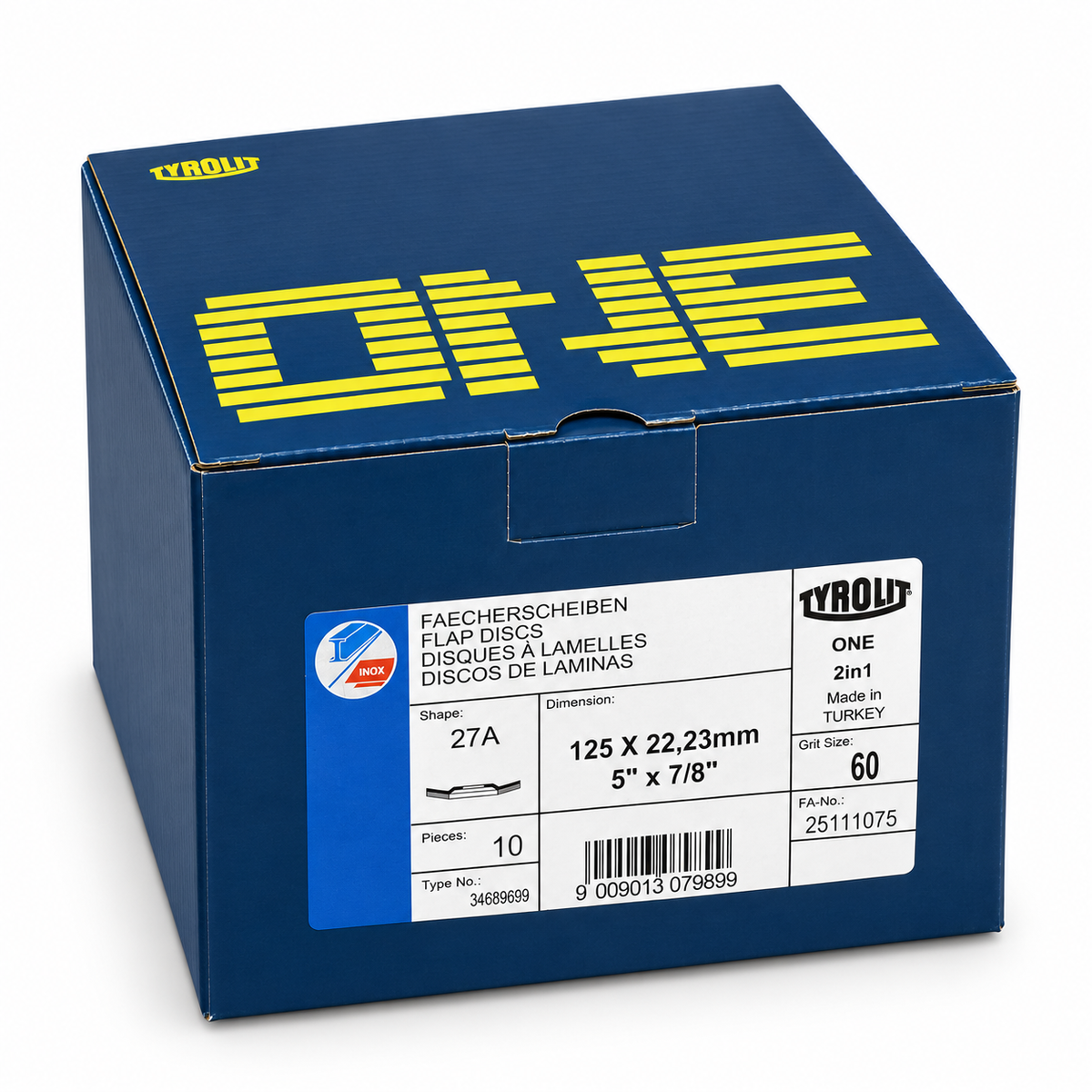 Tyrolit ONE 125 mm 60-grit flap discs, clean pack-of-10 retail box, elevated view