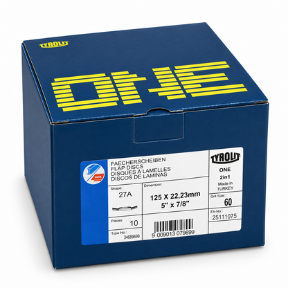 Tyrolit ONE 125 mm 60-grit flap discs, clean pack-of-10 retail box, elevated view