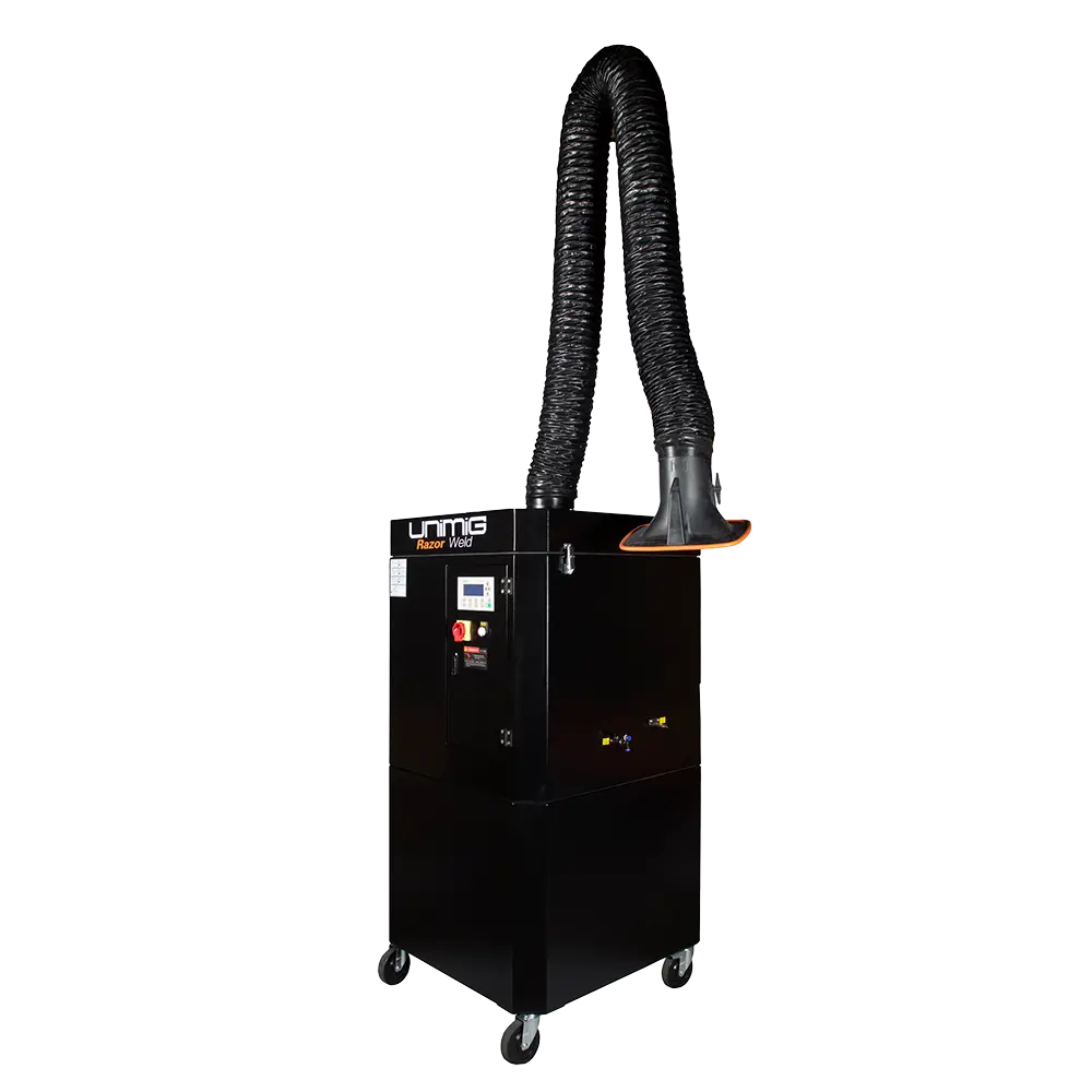 UNIMIG KSZ1.5S single-arm fume extractor, opposite-side view showing control panel, cabinet and suction arm