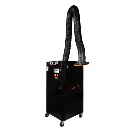 UNIMIG KSZ1.5S single-arm fume extractor, opposite-side view showing control panel, cabinet and suction arm