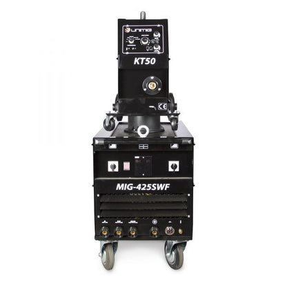 Front view of the UNIMIG WORKSHOP 425 SWF welder and KT50 wire feeder, showing the control panels and welding cable connections.