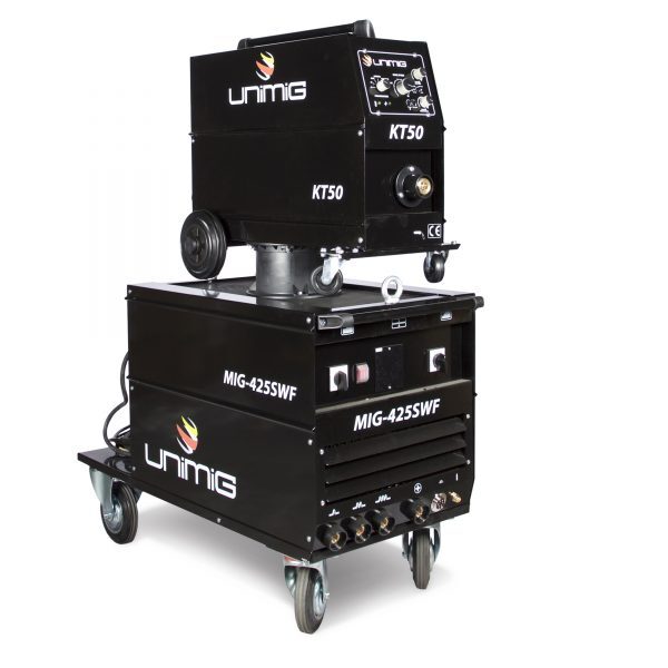UNIMIG WORKSHOP 425 SWF welder with KT50 wire feeder, viewed from the opposite side showing the cabinet, carrying handle and wheels.