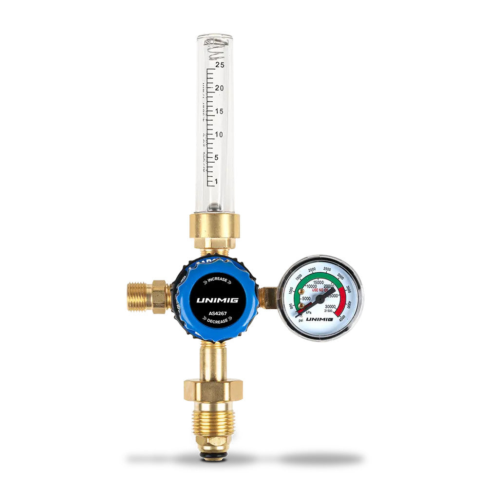 UNIMIG U11378 dual-stage argon flowmeter, vertical-entry variant with bottom cylinder inlet and pressure gauge