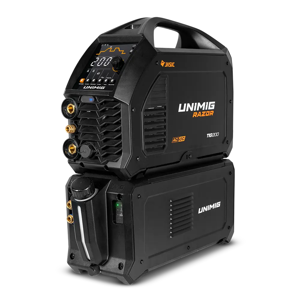 UNIMIG U12004 water cooler installed beneath a RAZOR TIG 200 AC/DC welder; welder shown for installation context and not included.
