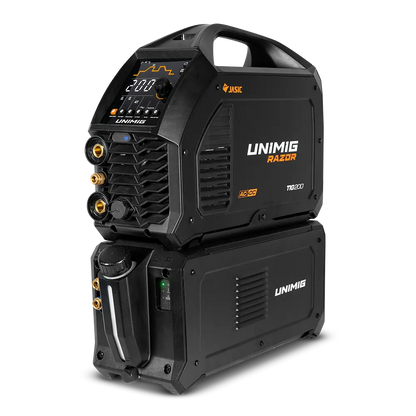 UNIMIG U12004 water cooler installed beneath a RAZOR TIG 200 AC/DC welder; welder shown for installation context and not included.