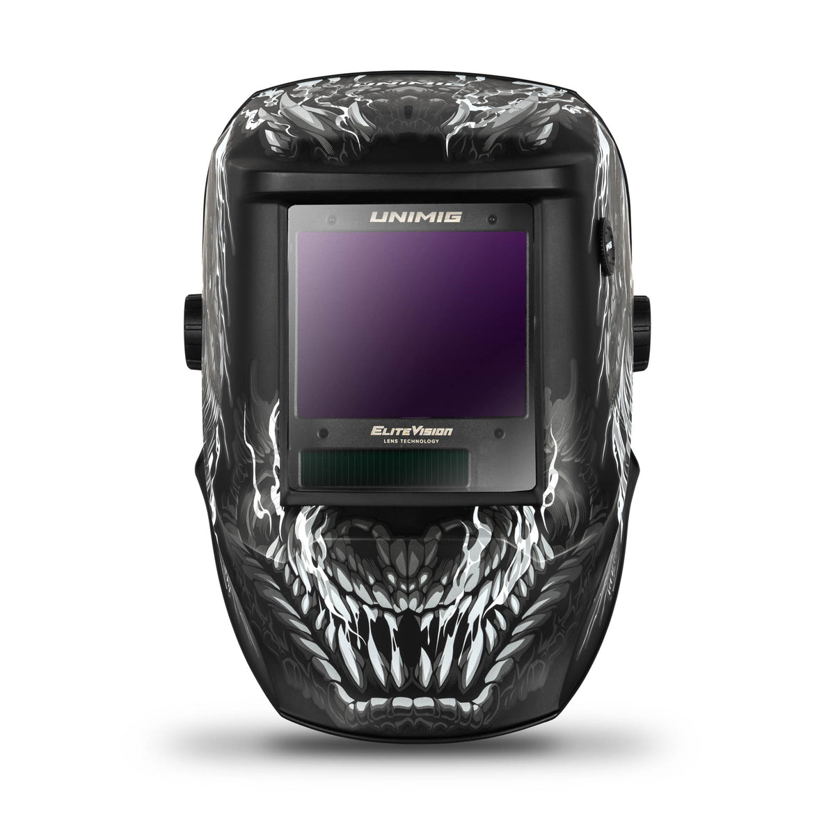 UNIMIG U21027 Trade Series Dragon welding helmet, front view showing dragon graphics and Elite Vision lens