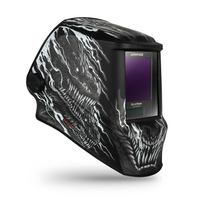 UNIMIG U21027 Trade Series Dragon welding helmet, left view showing dragon graphics and Elite Vision lens