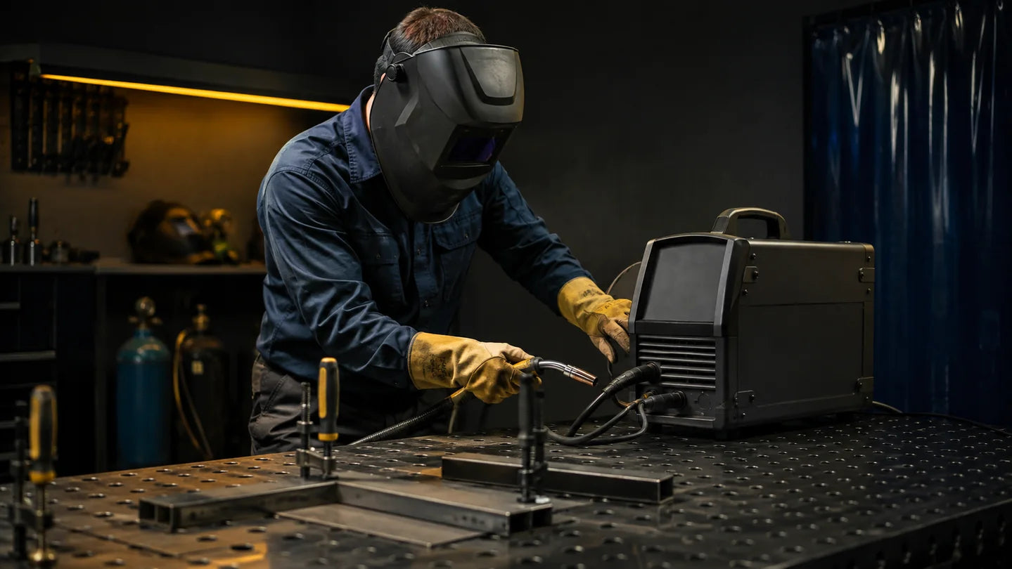 Editorial image of a protected technician preparing a generic welding setup