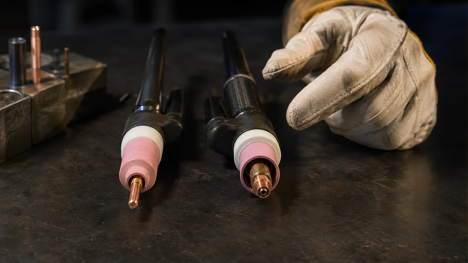 Gloved comparison of TIG collet body and gas lens torch components