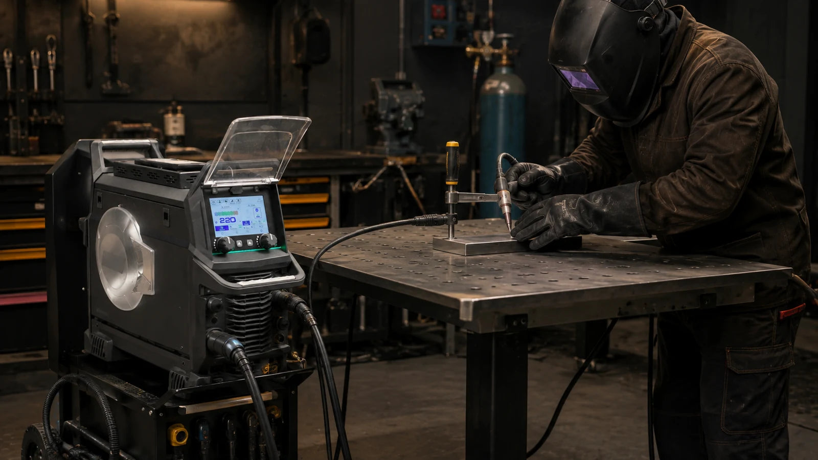 Protected welder preparing an all-in-one welding machine in a workshop