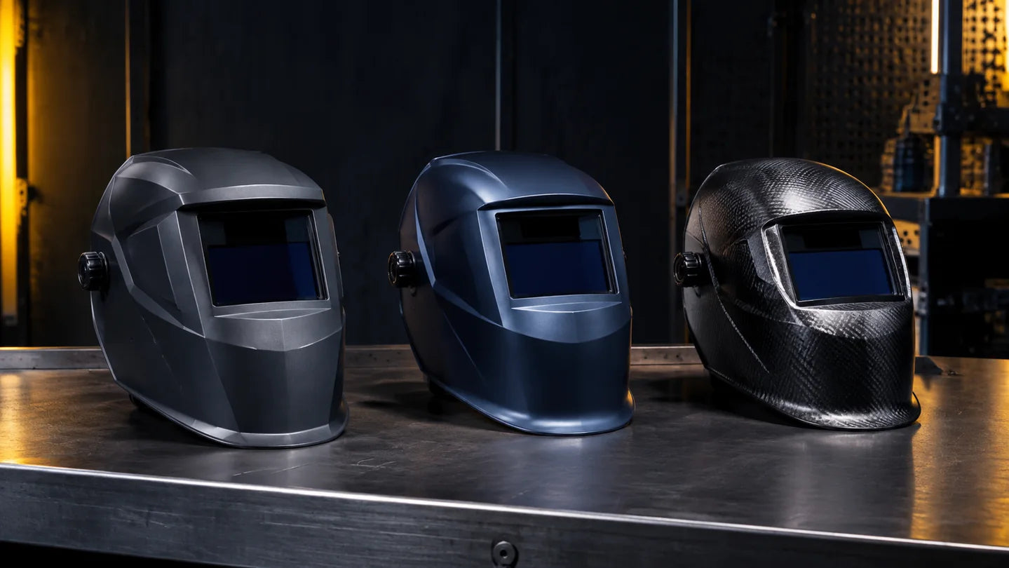 Editorial image comparing three unbranded welding helmet styles
