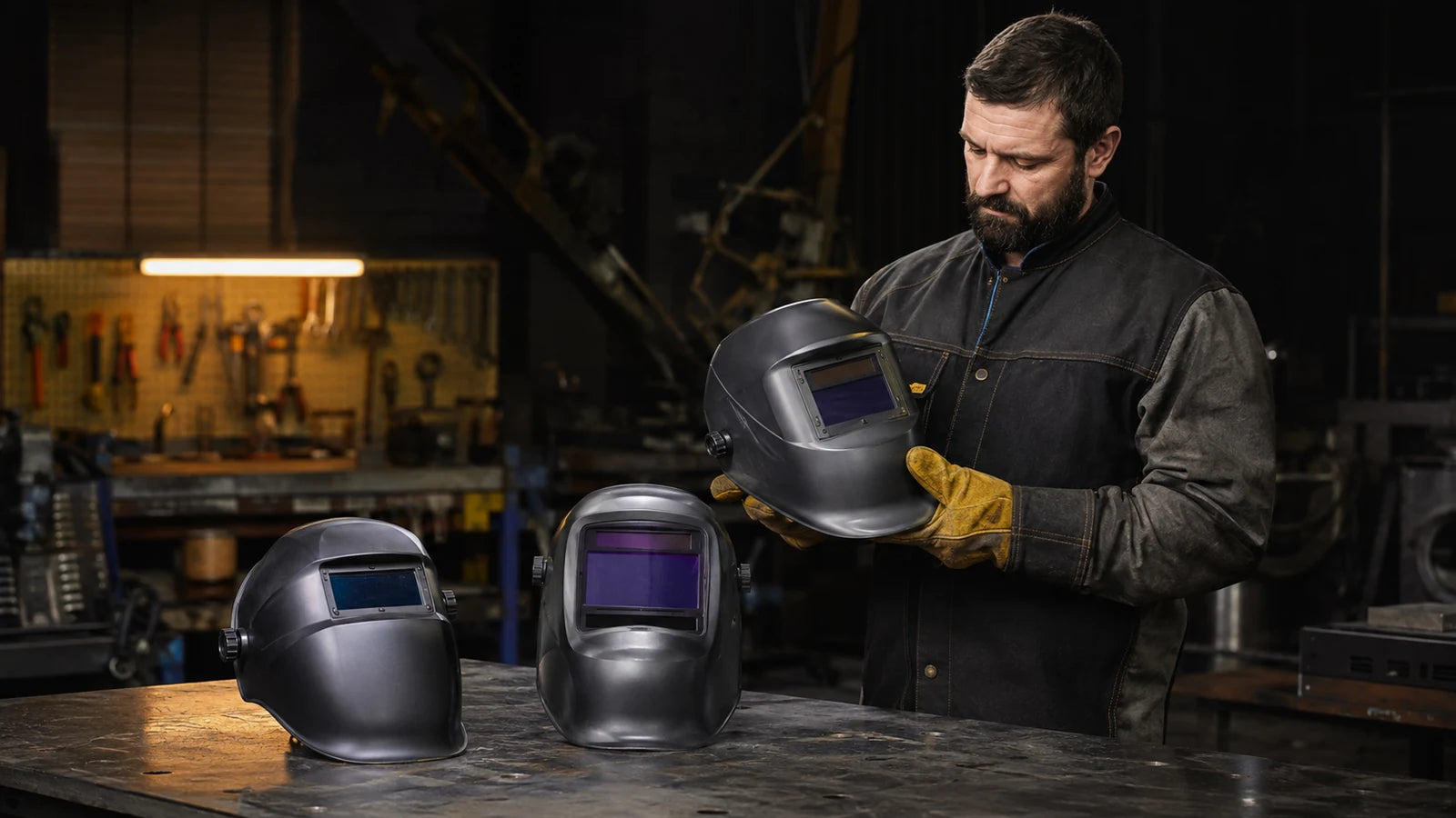 Welder comparing several unbranded auto-darkening welding helmets