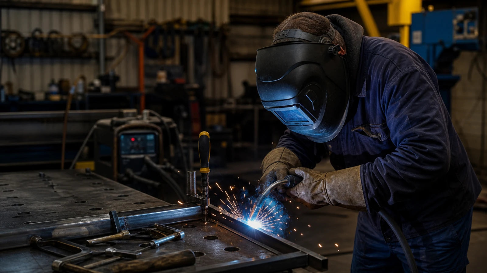 Protected welder using a MIG torch on a clamped steel joint