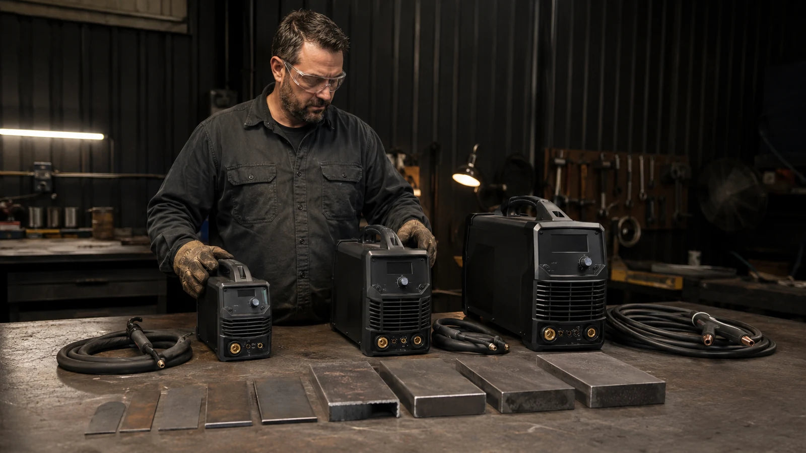 Technician comparing three unbranded plasma cutter sizes