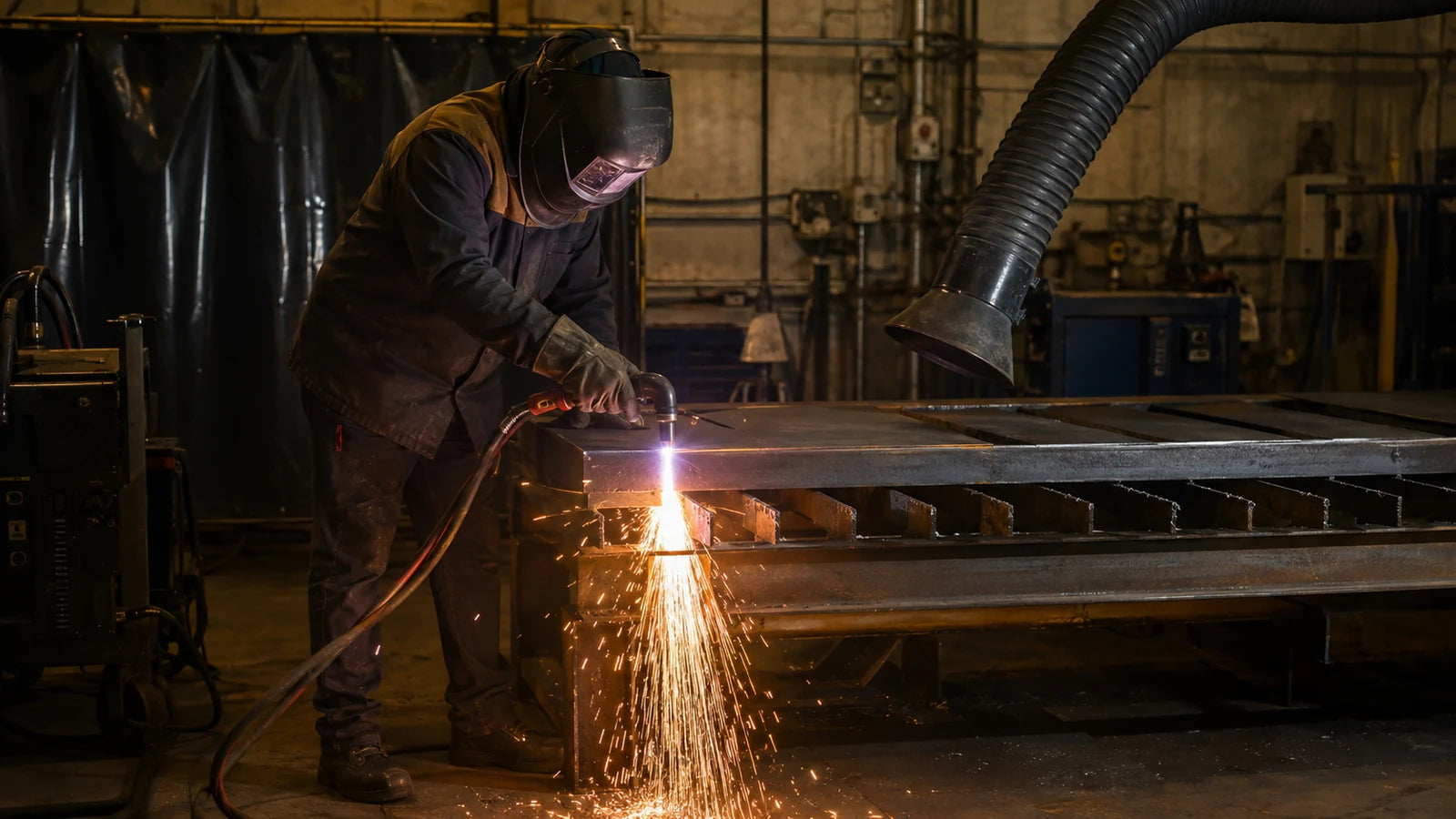Protected operator plasma cutting supported steel over a cutting grate